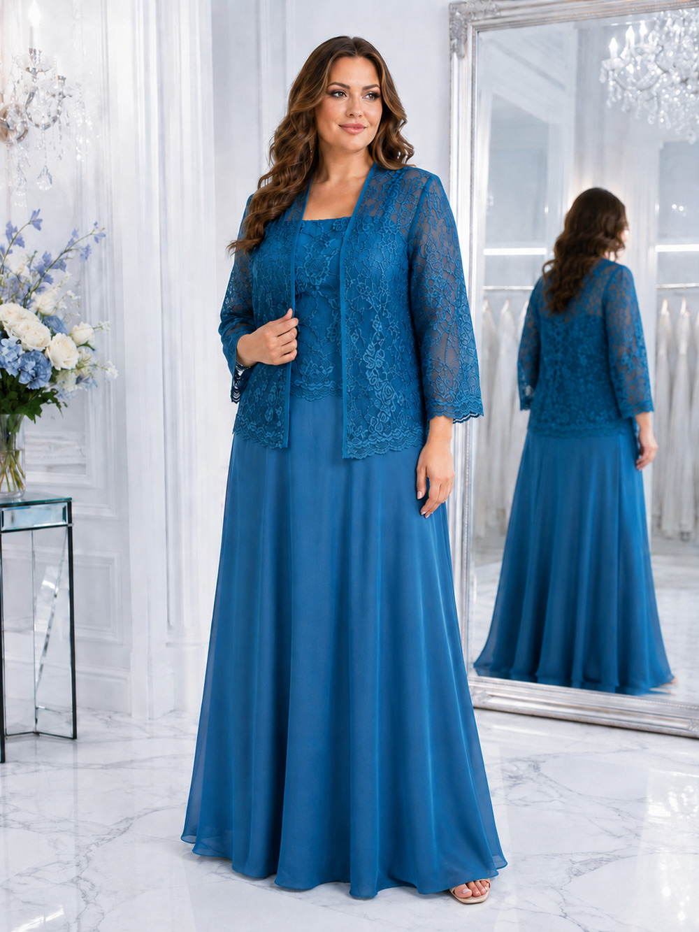 NWT Teal Mother of the Bride Formal Maxi Dress Corset Back Lace Jacket 12 L